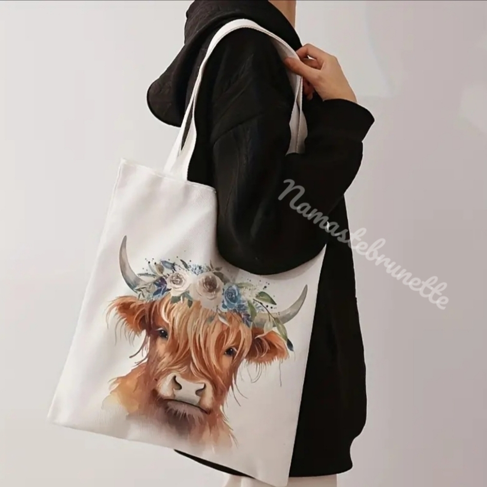 Boho Highland Cow With Flowers Tote Bag